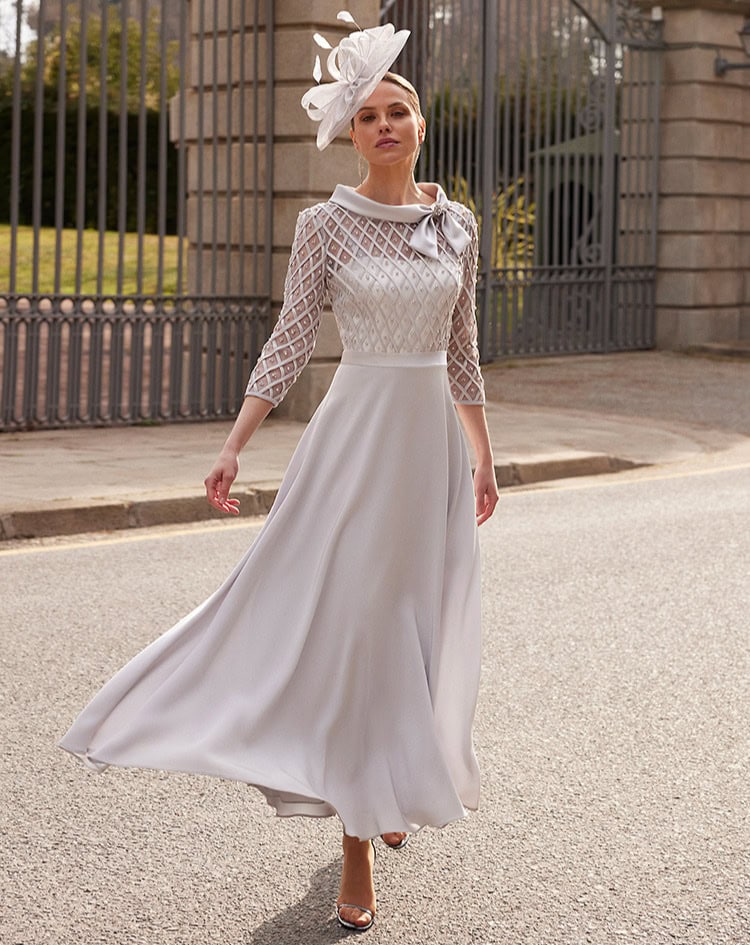 7G182 face Couture Club robe de soirée fluide mousseline manches trois quarts col bateau satin robe mère des mariés magasin de robes de soirée Paris