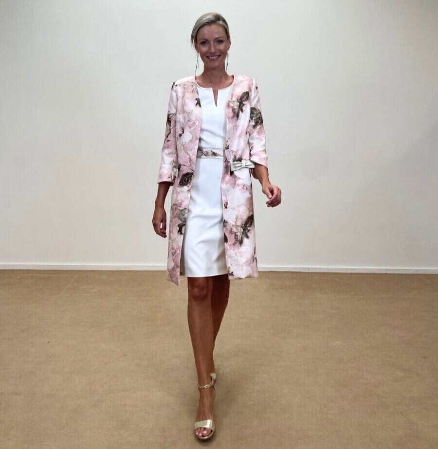 231-145-01/231-124-01 face Linéa raffaelli ensemble de mariage pour mamans des mariés robe droite genoux manteau fleuri magasin de robes de soirée Paris