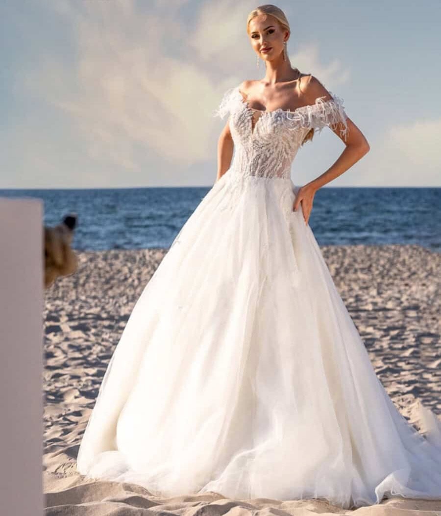 Loretta face MS Moda robe de mariée princesse tulle top dentelle manchettes dentelle plumes jupe tulle traîne magasin de robes de mariée Paris Annecy