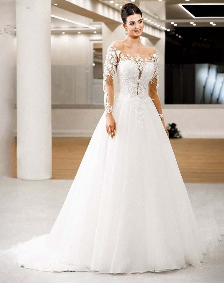 Mia face MS Moda robe de mariée princesse bustier coeur top transparence de dentelle manches longues jupe tulle traîne magasin de robes de mariée Annecy