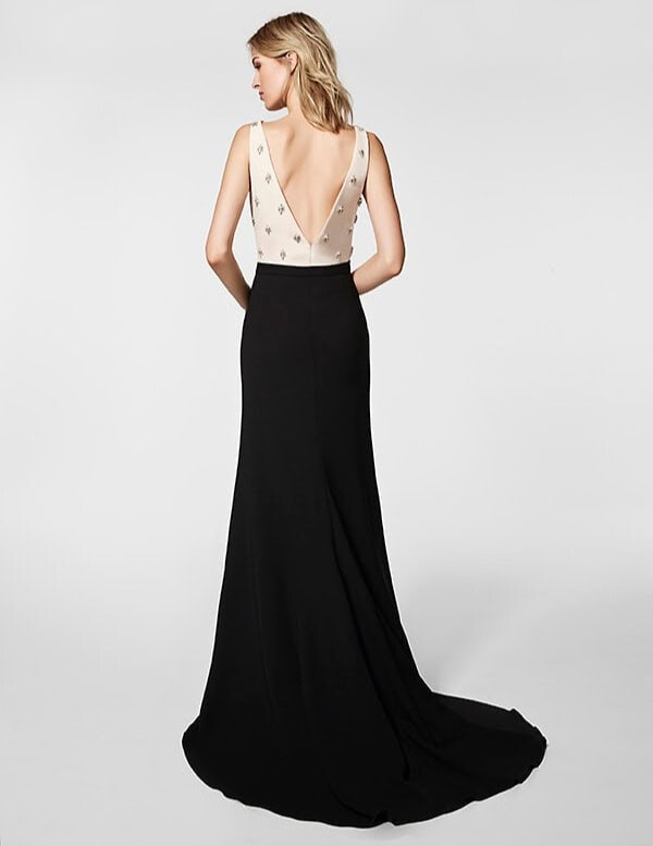 Granent dos Pronovias robe de soirée longue crêê top décolleté strass jupe fendue sur le devant côté magasin de robes de soirée Nogent sur Marne