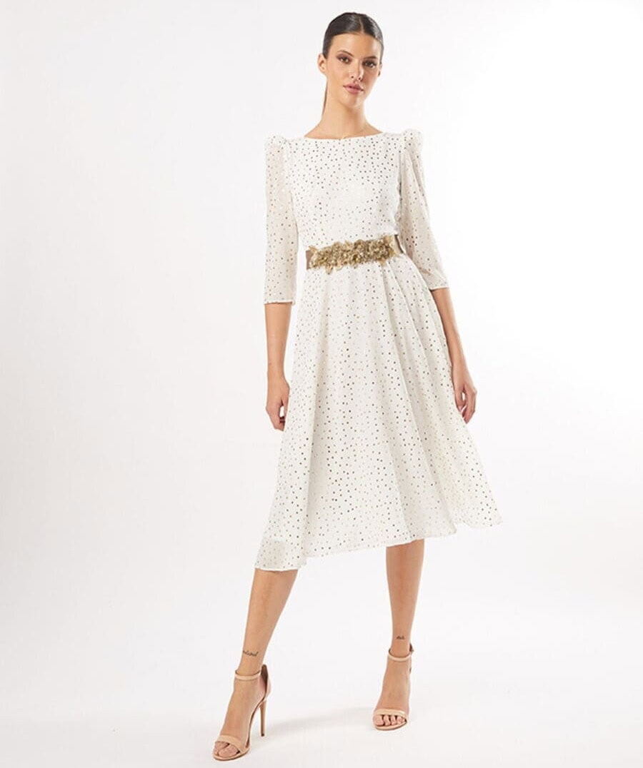 50611 face Carla Ruiz robe de cocktail midi blanc manches trois quart ceinture taille magasin de robes de soirée Paris