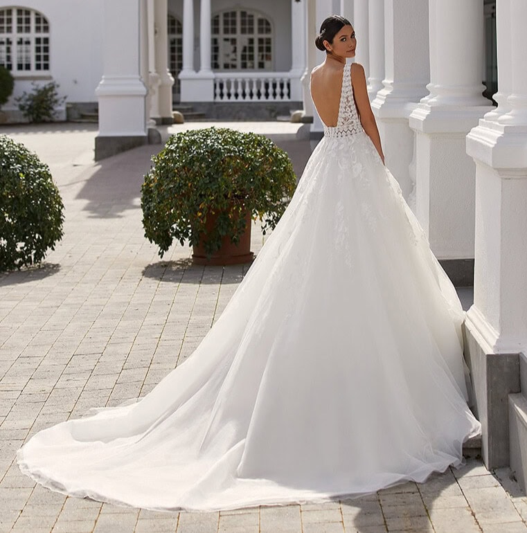 Elia dos Pronovias robe de mariée princesse top dentelle décolleté V découpe profile ceinture taille jupe tulle applications de dentelle traîne magasin de robe de mariée Paris