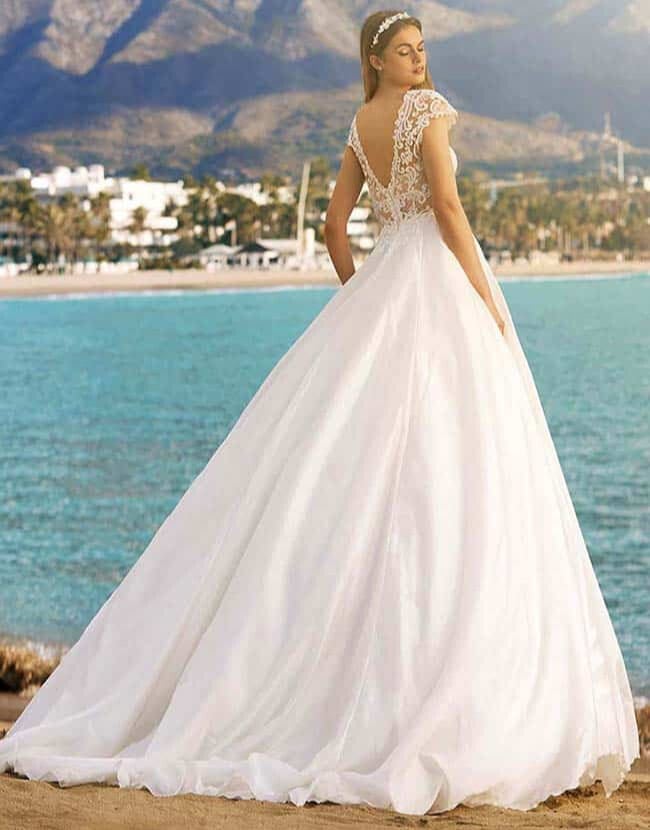 Saturn dos Pronovias robe de mariée princesse top dentelle décolleté V manches courtrs dentelle jupe organza magasin de robes de mariée Nogent-sur-Marne
