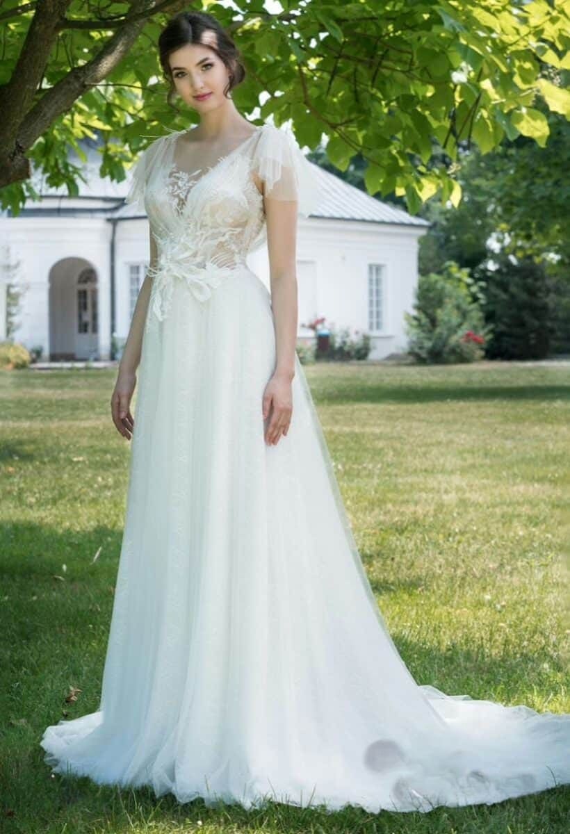 Agnetha face MS Moda robe de mariée A-line trapèze top tulle dentelle décolleté V manches fluide tulle jupe tulle traîne magasin de robes de mariée Paris