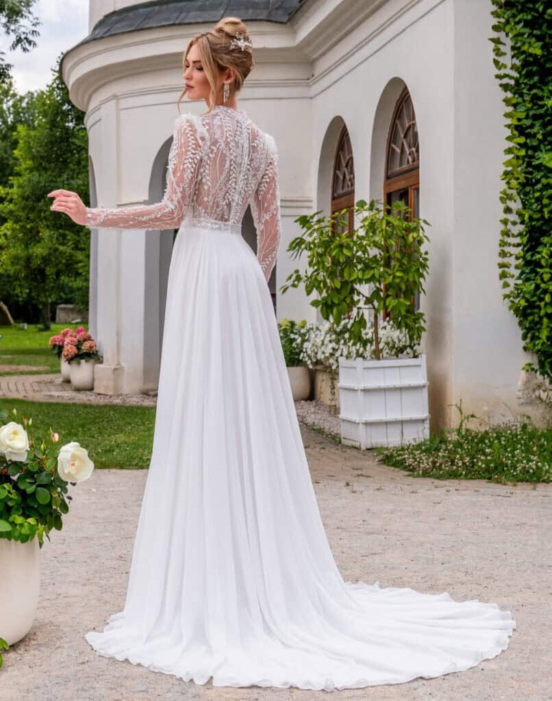 Morgan dos MS Moda robe de mariée fluide col montant manches ballons longues ceinture taille jupe mousseline fluide traîne magasin de robes de mariée Paris