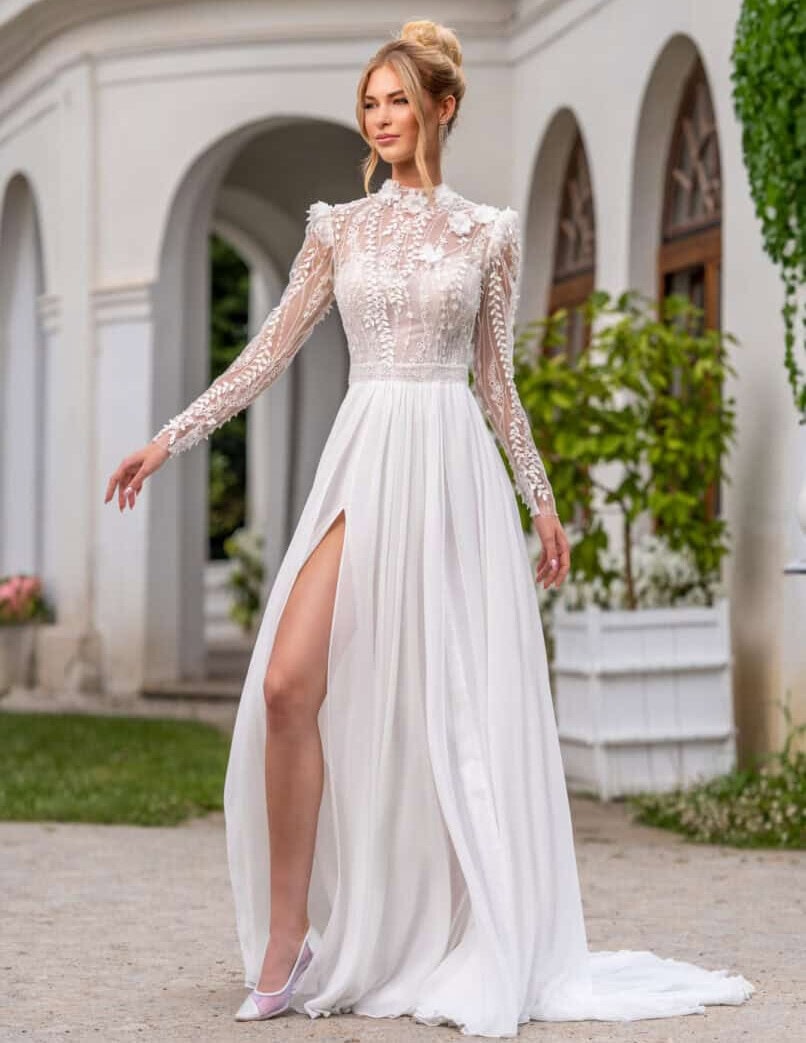 Morgan face MS Moda robe de mariée fluide col montant manches ballons longues ceinture taille jupe mousseline fluide traîne magasin de robes de mariée Paris