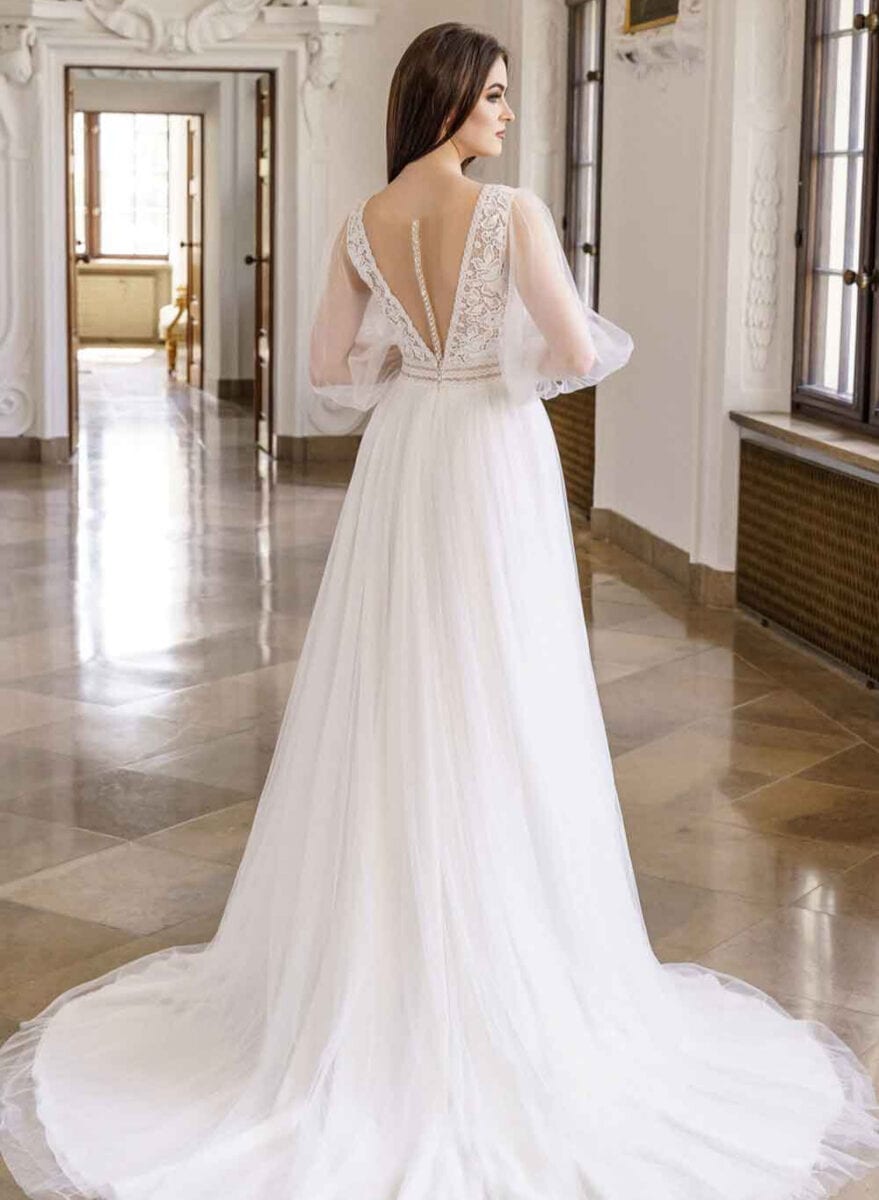 Oceane dos MS Moda robe de mariée A-line trapèze tio dentelle manches longues tulle jupe tulle ceinture dentelle traîne magasin de robes de mariée Paris Oceane dos MS Moda robe de mariée A-line trapèze tio dentelle manches longues tulle jupe tulle ceinture dentelle traîne magasin de robes de mariée Paris