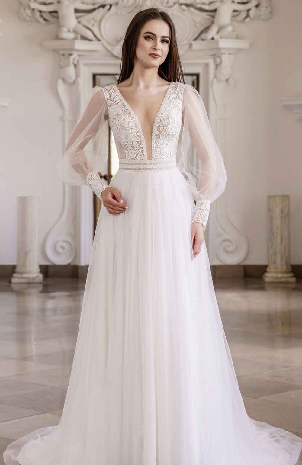 Oceane face MS Moda robe de mariée A-line trapèze tio dentelle manches longues tulle jupe tulle ceinture dentelle traîne magasin de robes de mariée Paris Oceane face MS Moda robe de mariée A-line trapèze tio dentelle manches longues tulle jupe tulle ceinture dentelle traîne magasin de robes de mariée Paris