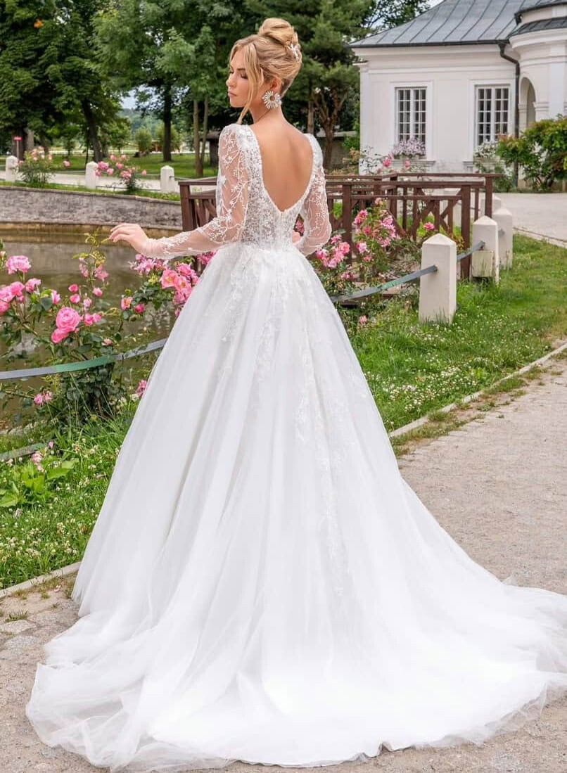 Palmira dos MS Moda robe de mariée princesse top dentelle manches longues ballon dentelle jupe tulle traîne magasin de robes de mariée Paris