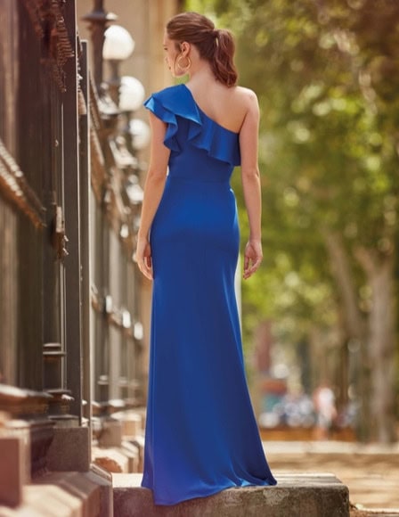 RO687 dos Créatif Paris robe longue de soirée top asymétrique à volant robe drapée jupe fendue robe pour mamans des mariés magasin de robes de soirée Annecy