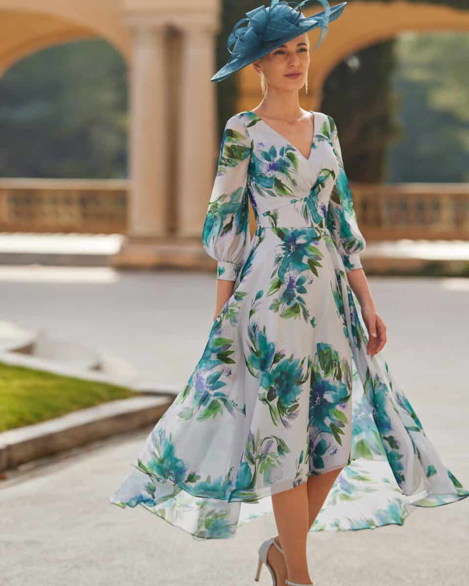 8G196 face couture club robe de soirée mi longue fluide top décolleté V manches ballon 3:4 ceinture large taille jupe A-line fluide magasin de robes de soirée Paris