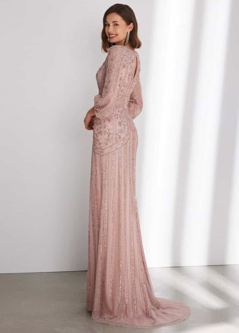 8T71 dos Rosa Clara robe de soirée longue perlée décolleté V manches longues robe de soirée maman des mariés magasin de robes de soirée Paris