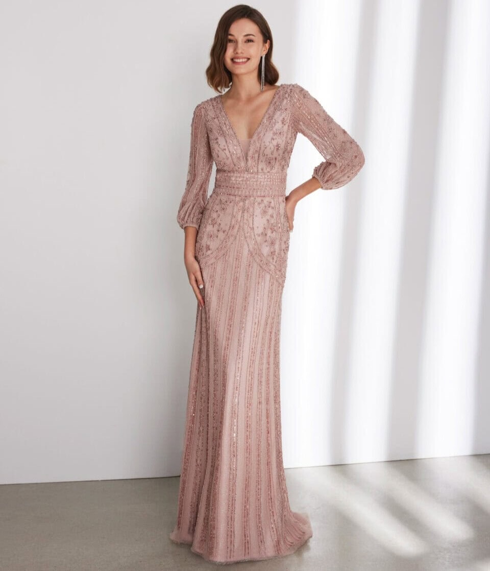 8T71 face Rosa Clara robe de soirée longue perlée décolleté V manches longues robe de soirée maman des mariés magasin de robes de soirée Paris