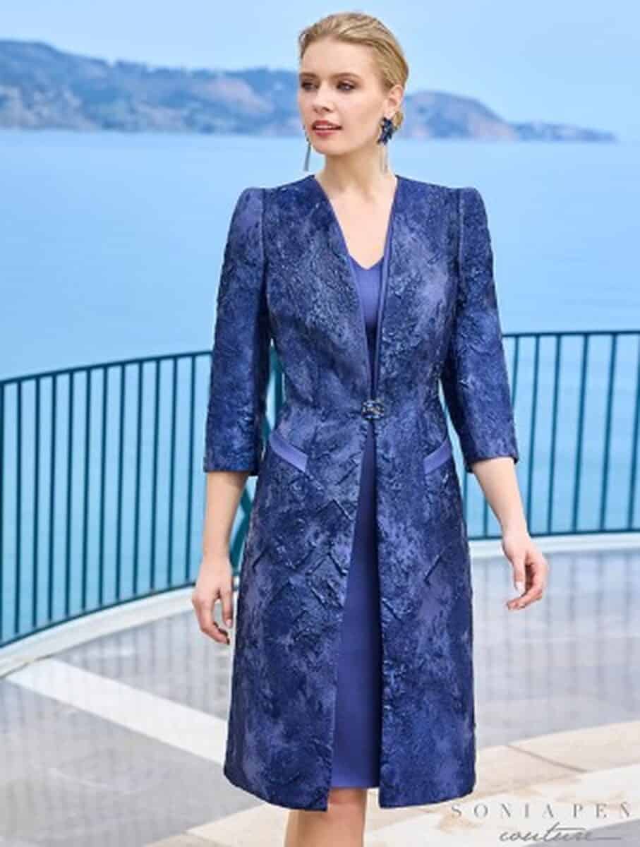 1231005 face Sonia Pena ensemble de soirée robe droite décolleté V manchettes courtes manteau genoux droit manches 3/4 magasin de robes de soirée Annecy