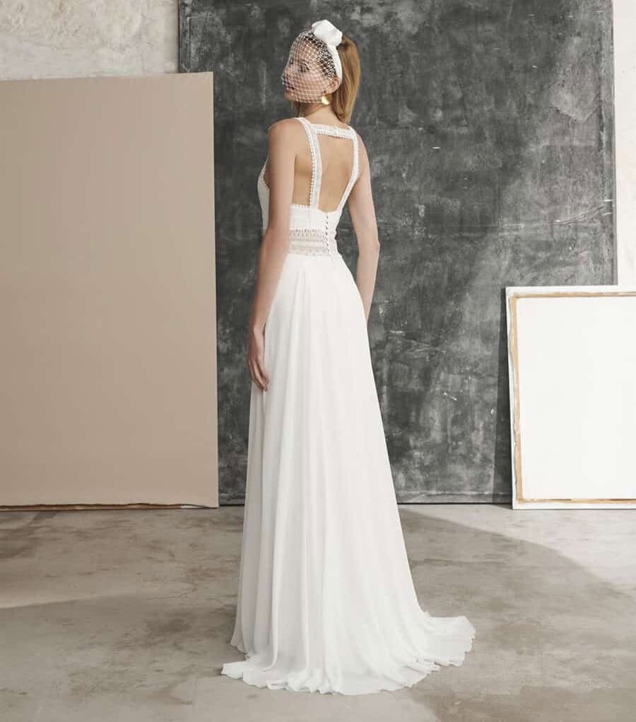 Kali dos Pronovias robe de mariée fluide trapèze dentelle mousseline dos carré magasin de robes de mariée Nogent sur Marne