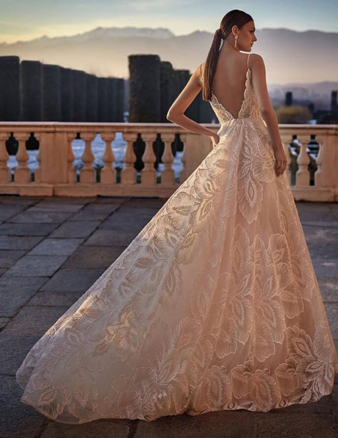 Orlanda dos Pronovias robe de mariée princesse dentelle top Décolleté V festonné de dentelle bretelles fines traîne boutique de robes de mariée Paris