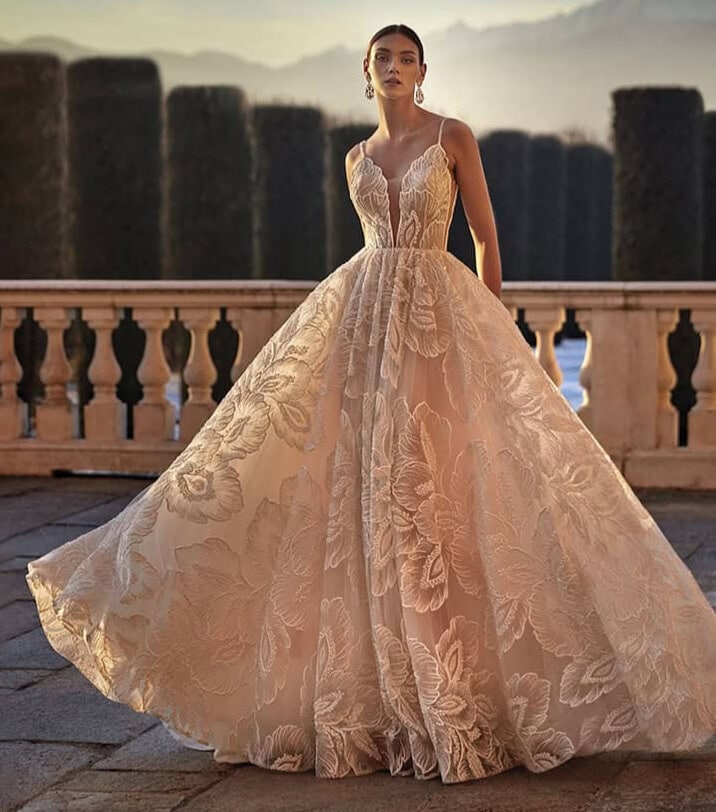 Orlanda face Pronovias robe de mariée princesse dentelle top Décolleté V festonné de dentelle bretelles fines traîne boutique de robes de mariée Paris