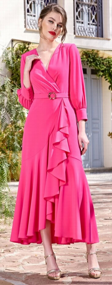 1250042 face Sonia Pena robe de soirée mi longue top cache coeur décolleté V manches 3:4 jupe volantée ceinture fine bijou magasin de robes de soirée Paris