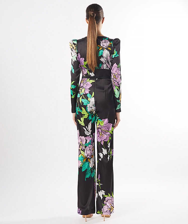 50627 dos Carla Ruiz combinaison motif taille haute top décolleté V manches longues jambes fluides tenue mère des mariés magasin de robes de soirée Paris