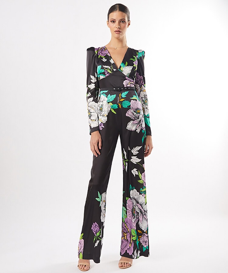 50627 face Carla Ruiz combinaison motif taille haute top décolleté V manches longues jambes fluides tenue mère des mariés magasin de robes de soirée Paris