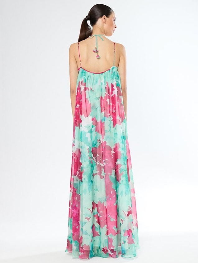 51419 dos Carla Ruiz robe de cocktail longue mousseline plissée encolure américaine turquoise rose magasin de robes de soirée Paris