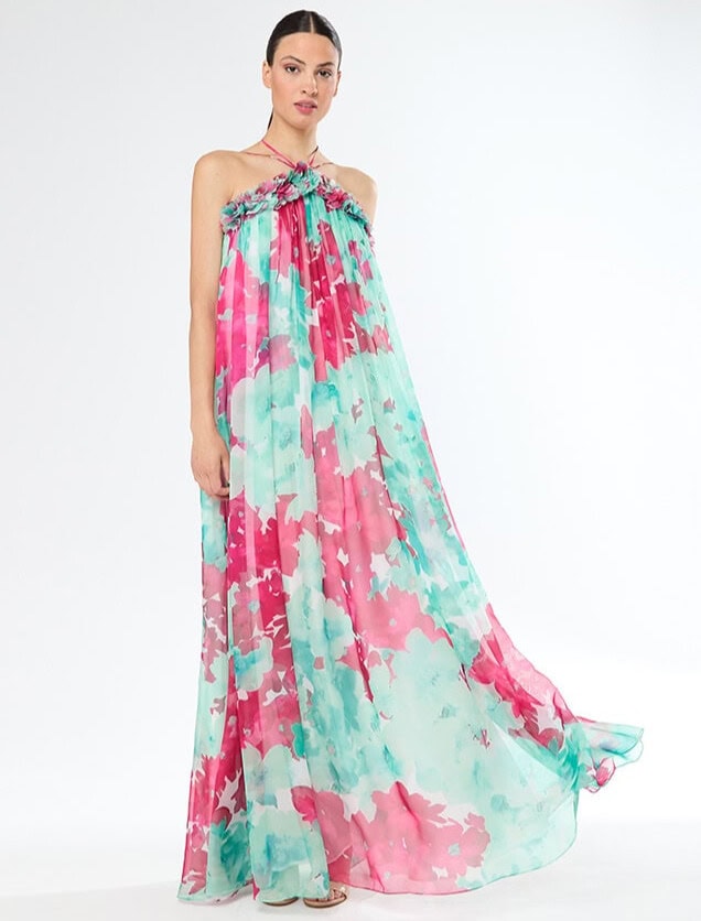 51419 face Carla Ruiz robe de cocktail longue mousseline plissée encolure américaine turquoise rose magasin de robes de soirée Paris