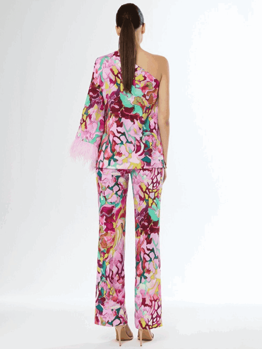 51666 dos Carla Ruiz ensemble pantalon top asymétrique motifs ensemble maman des mariés magasin de robes de soirée Paris