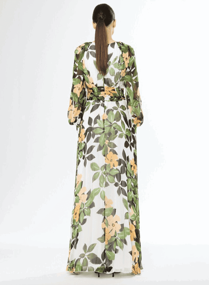 51670 dos Carla Ruiz robe de soirée longue fluide mousseline top décolleté V manches longues jupe fendue robe maman des mariés magasin de robes de soirée Paris