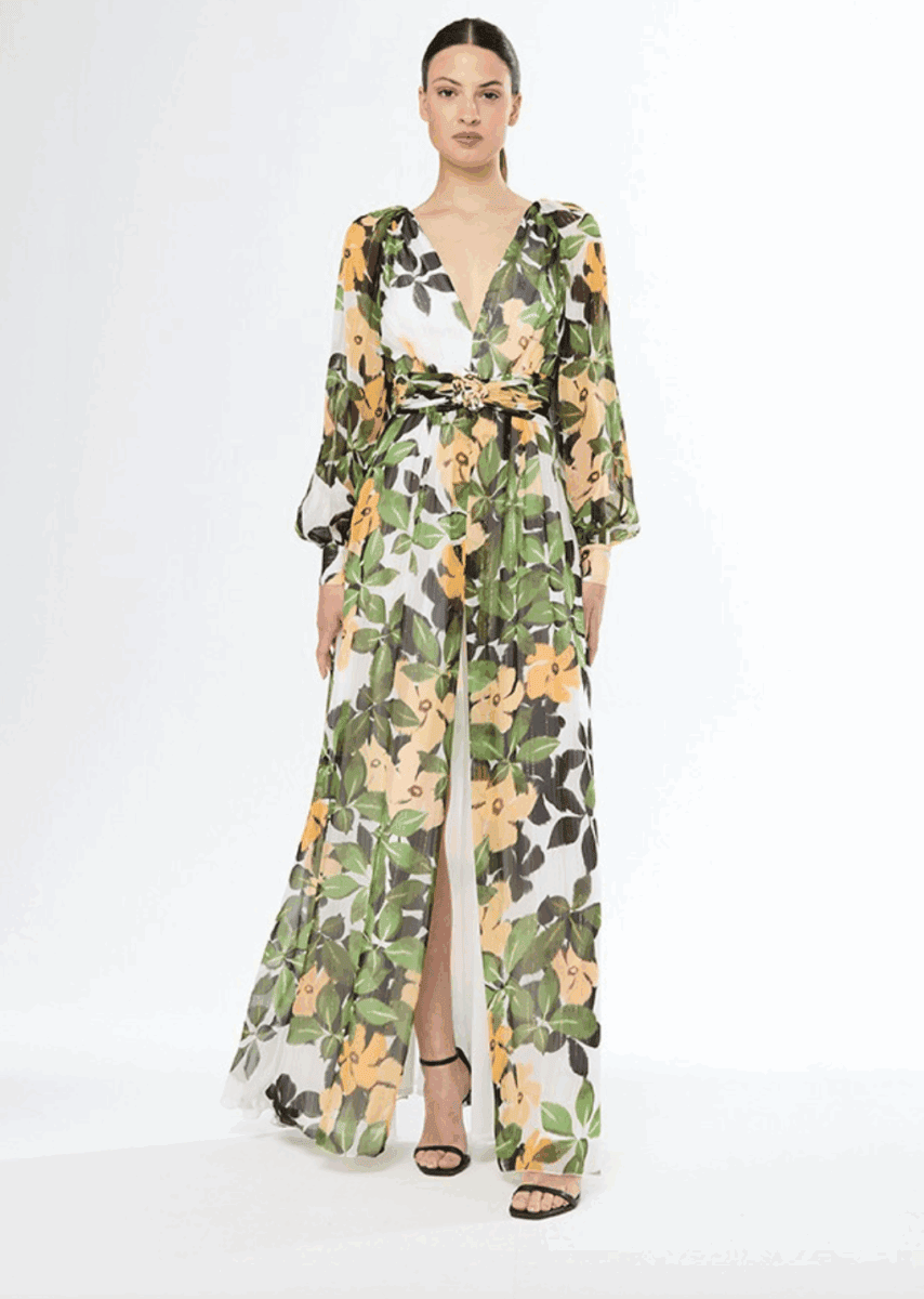 51670 face Carla Ruiz robe de soirée longue fluide mousseline top décolleté V manches longues jupe fendue robe maman des mariés magasin de robes de soirée Paris