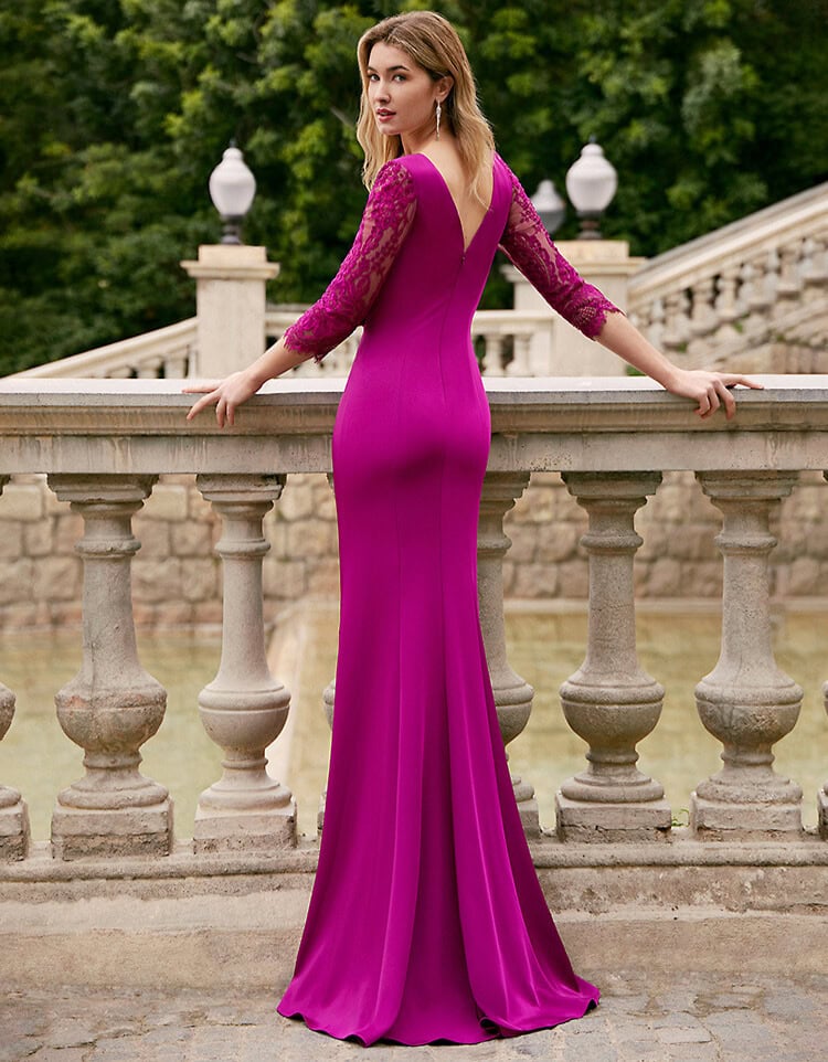 7G111 dos Couture Club robe de soirée longue fluide décolleté V ceinture drapée manches dentelle trois quart robe mère des mariés magasin de robes de soirée Paris