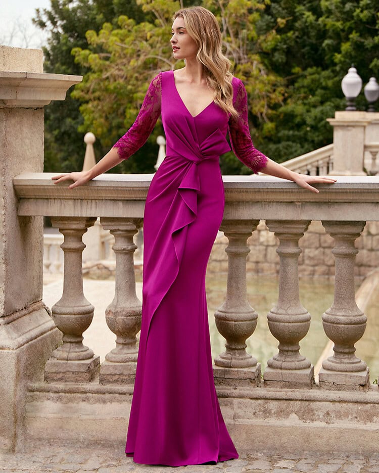 7G111 face Couture Club robe de soirée longue fluide décolleté V ceinture drapée manches dentelle trois quart robe mère des mariés magasin de robes de soirée Paris