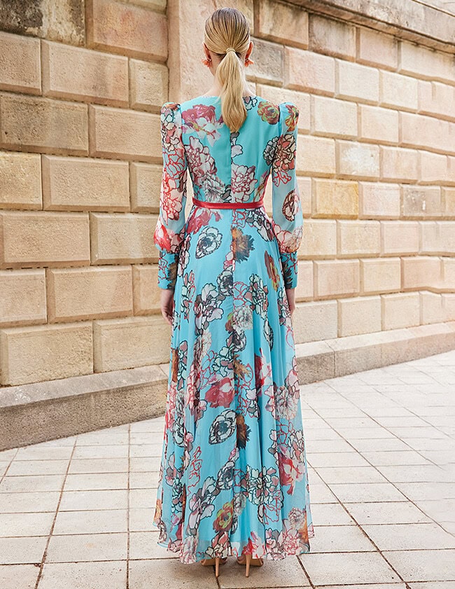 99421 dos Carla Ruiz robe de soirée longue fluide évasée décolleté V manches longues ceinture fine robe maman des mariés magasin de robes de soirée Paris