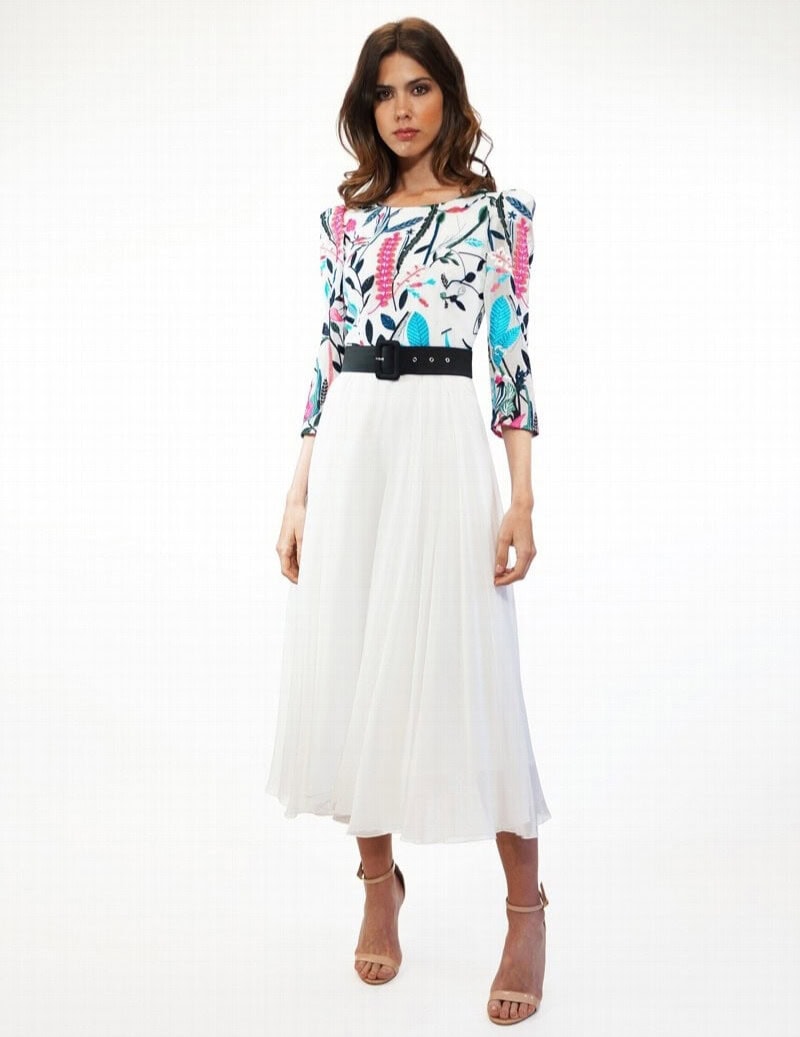 99655 face Carla Ruiz ensemble de cocktail jupe top manches trois quart ceinture ensemble tenue maman des mariés magasin de robes de soirée Paris