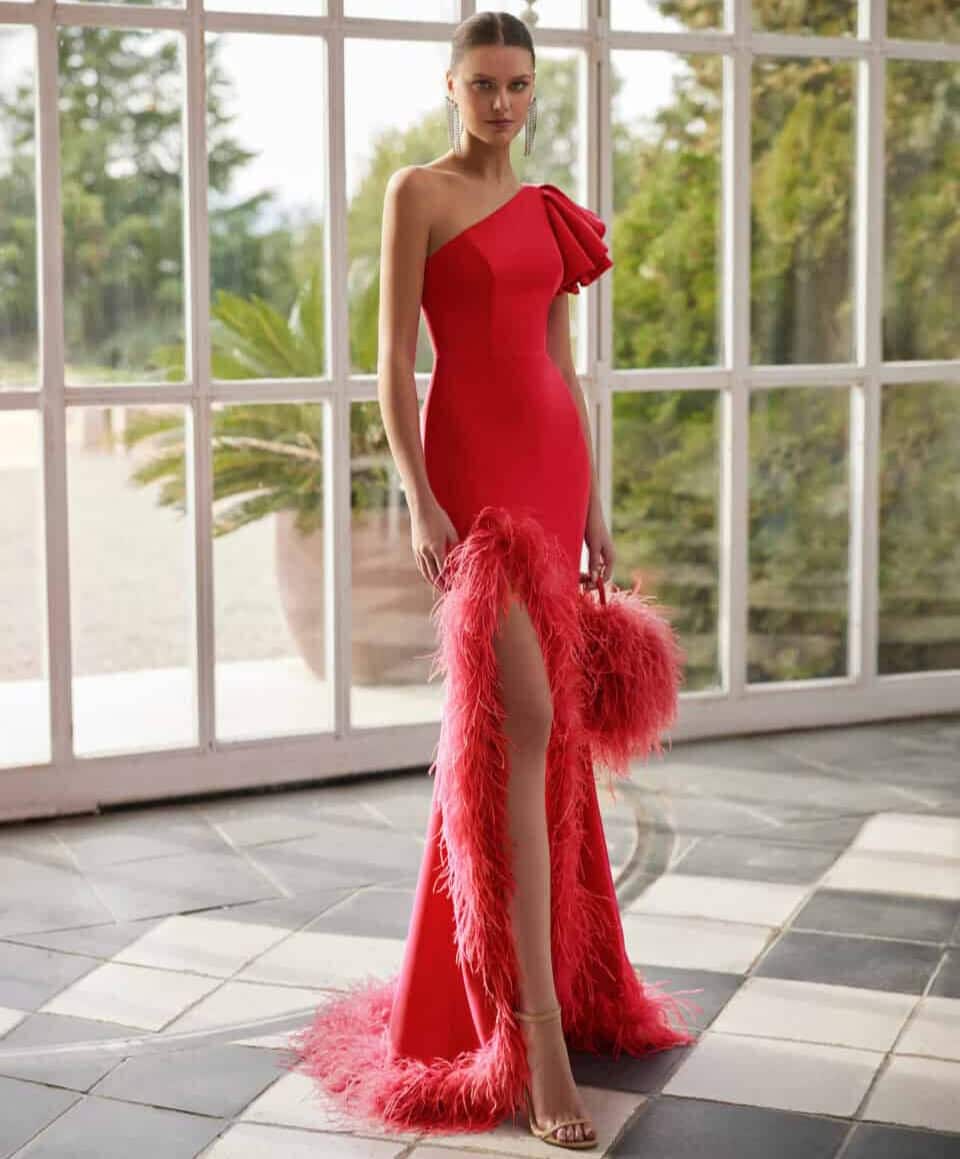 9JM3 face Marfil robe de soirée longue crêpe top asymétrique volant épaule jupe fendue robe maman des mariés magasin de robes de soirée Paris