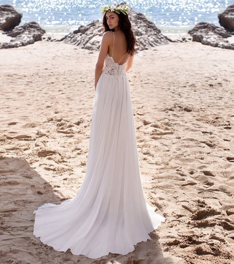 Apollo dos Pronovias robe de mariée fluide simple bohème épurée contemporaine top dentelle décolleté V bretelles fines jupe plissée mousseline magasin de robes de mariée Nogent-sur-Marne