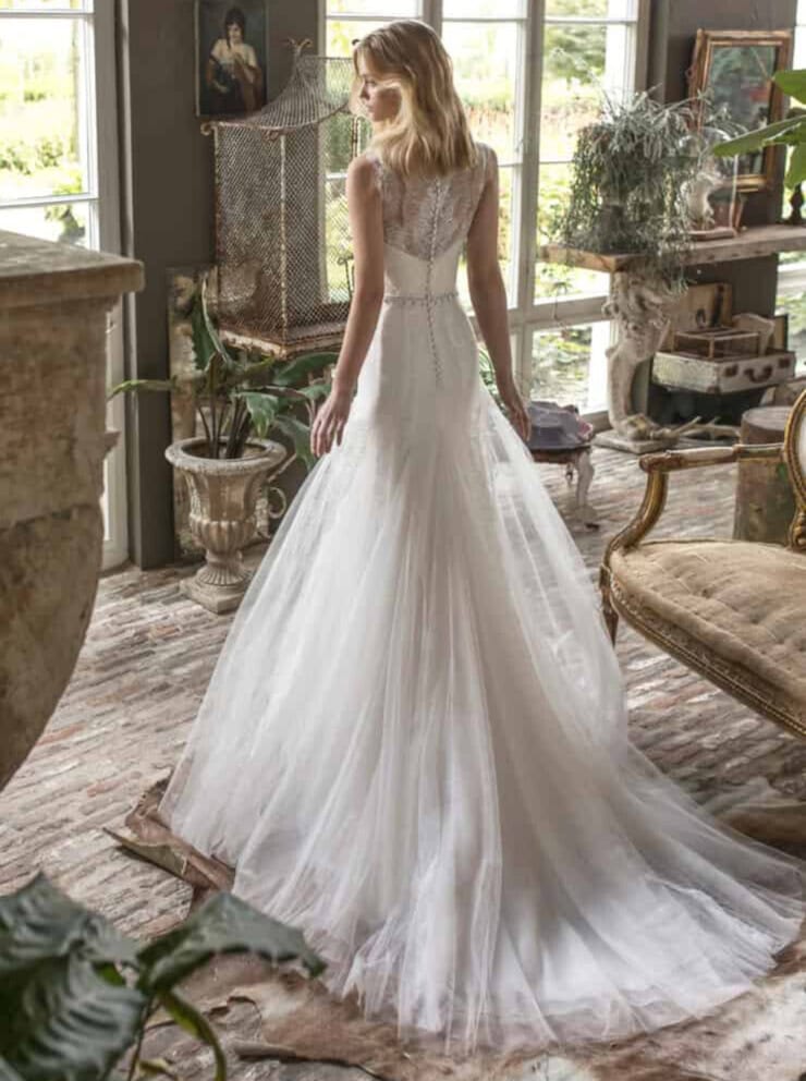 Daimy dos Modeca robe de mariée sirène A-line trapèze dentelle tulle bustuer coeur bretelles larges ceinure traîne magasin de robes de mariée Nogent-sur-Marne