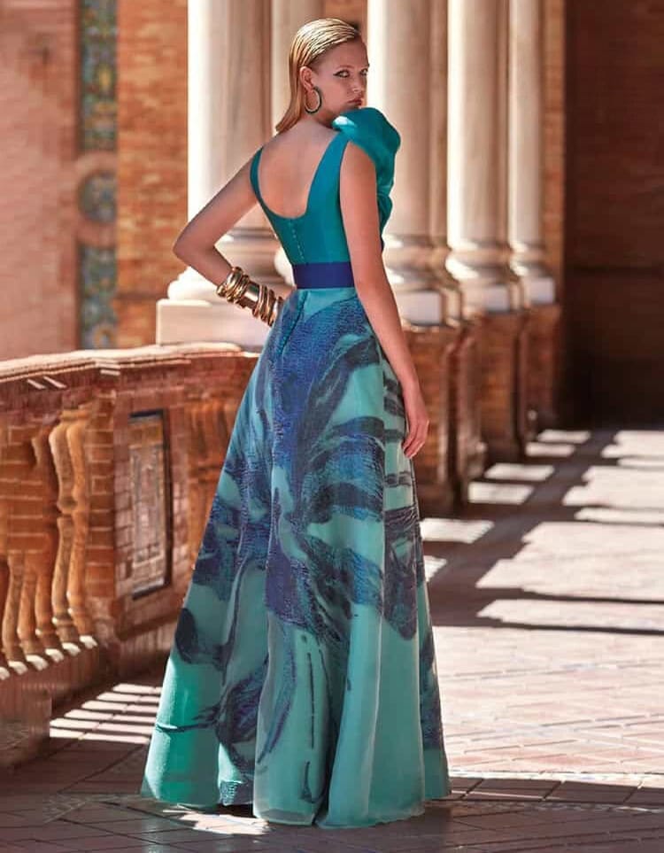 MG3526 dos Manu Garcia robe de soirée top mikado décolleté V bretelles marges volume asymétrique oversize ceinture taille jupe organza à motif magasin de robes de soirée Paris