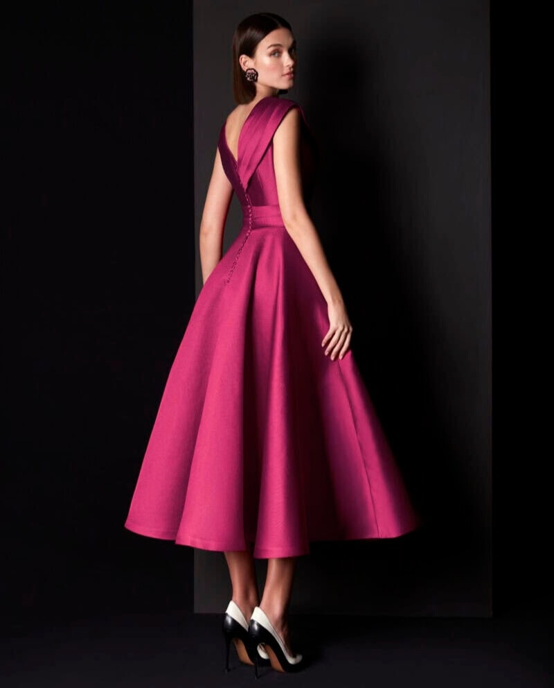 MG3628 dos Manu Garcia robe de soirée mi-longue patineuse top décolleté V manchette ceinture drapée jupe plis mikado robe de soirée Paris Nogent-sur-Marne