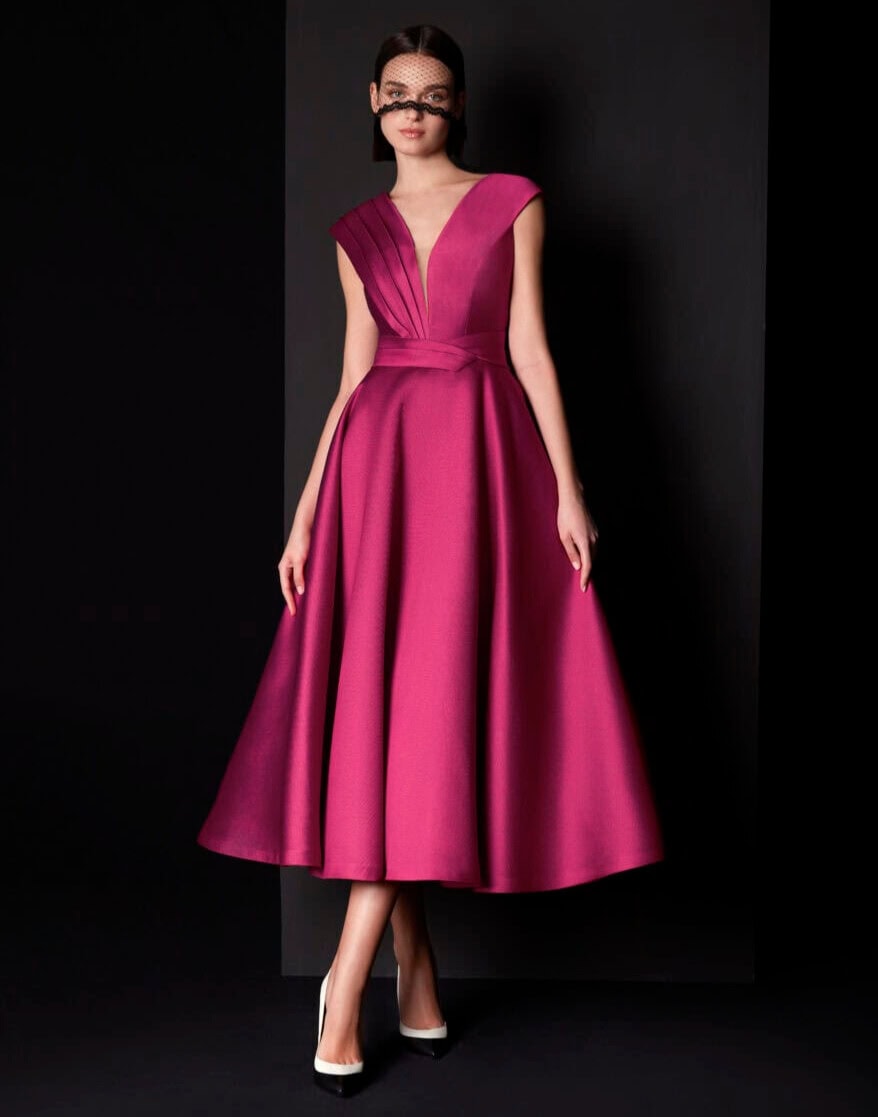 MG3628 face Manu Garcia robe de soirée mi-longue patineuse top décolleté V manchette ceinture drapée jupe plis mikado robe de soirée Paris Nogent-sur-Marne