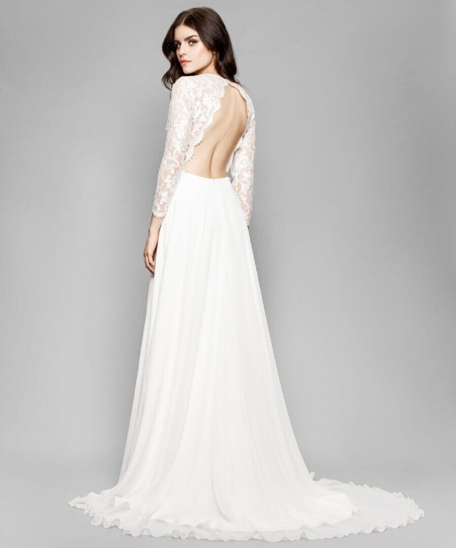 for my love face Marylise robe de mariée fluide bohème simple épurée contemporaine sobre dentelle dos nu manches mousseline traîne magasin de robes de mariée Paris