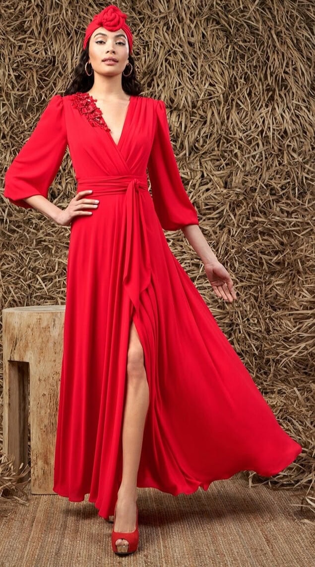 1240063 face Sonia Pena robe de soirée longue fluide cache coeur fendue robe mère des mariés magasin de robes de soirée Paris