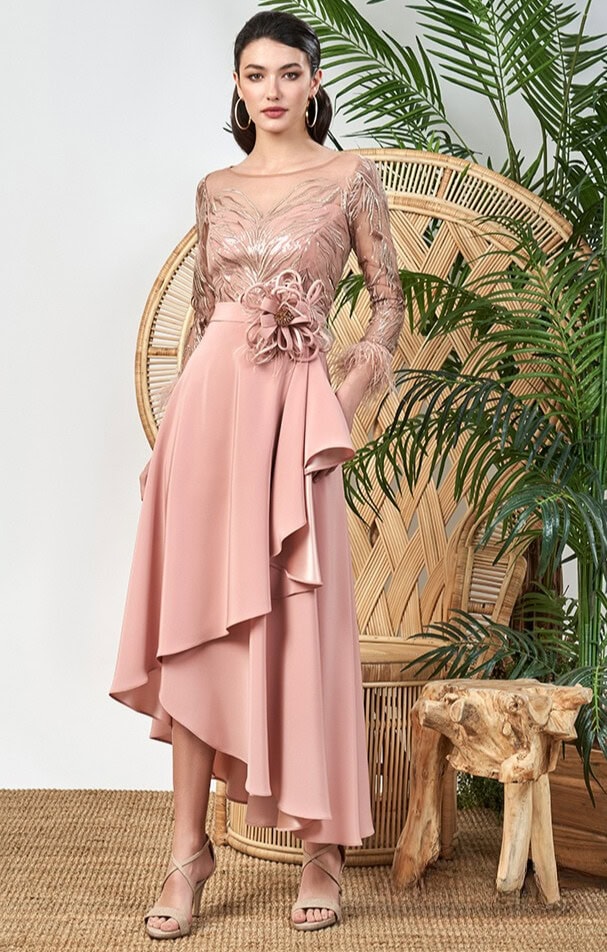 1241009 face Sonia Pena robe de soirée mi longue dentelle crêpe mousseline robe de mère des mariés magasin de robes de soirée Paris