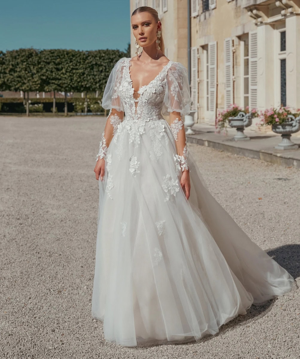 44468 face Justin Alexander robe de mariée trapèze A-line dentelle tulle manches amovibles décolleté V petite traîne magasin de robes de mariée Nogent-sur-Marne