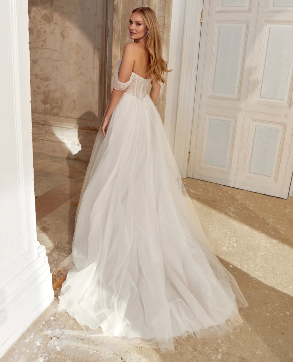 44564 dos Justin Alexander robe de mariée A-line trapèze bustier coeur manchettes jupe fluide fendue magasin de robes de mariée Nogent-sur-Marne