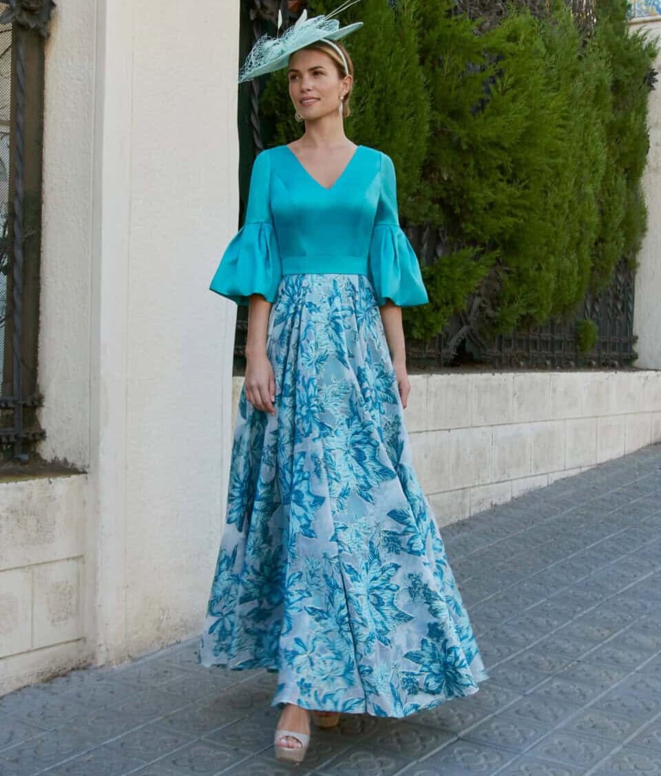 8G1F4 face Couture Club robe de soirée longue mikado brocard manches coudes bouffantes jupe évasée robe de cocktail maman des mariés magasin de robes de soirée Paris