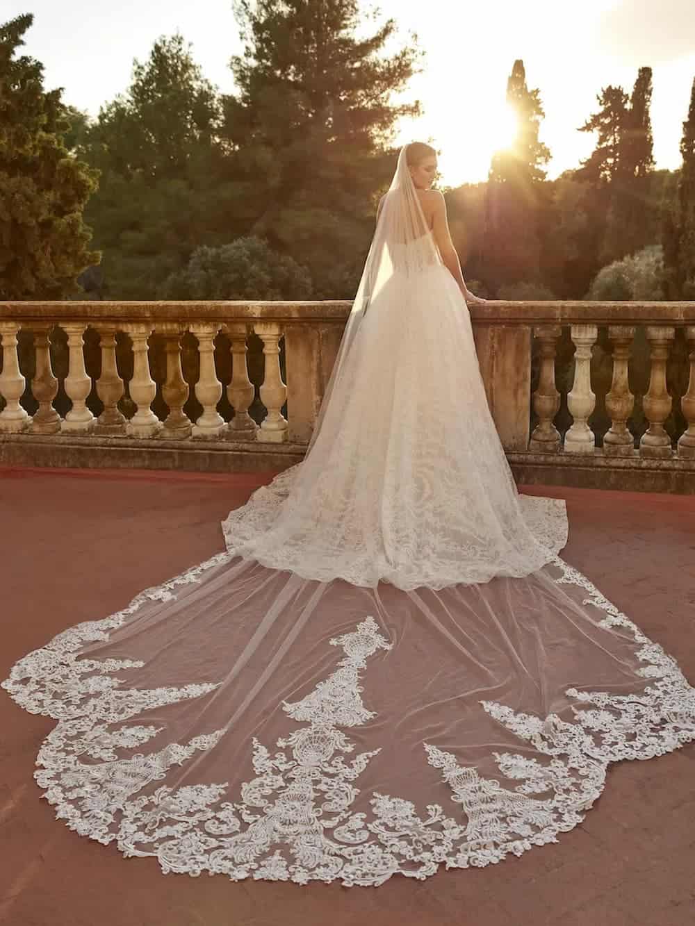CATMINT voile Pronovias robe de mariée princesse trapèze dentelle bustier corset décolleté V dentelle bustier pointe traîne boutique de robes de mariée Paris