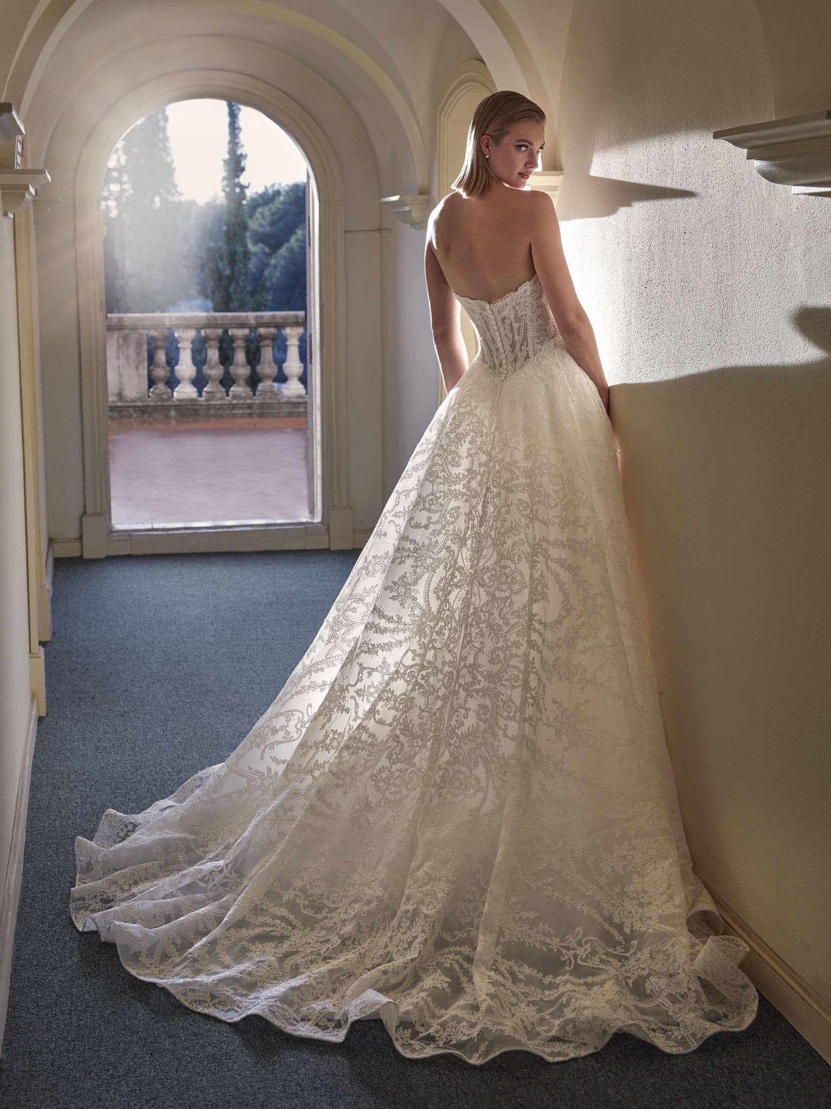 Catmint dos Pronovias robe de mariée princesse dentelle bustier corset pointu traîne boutique de robes de mariée Paris