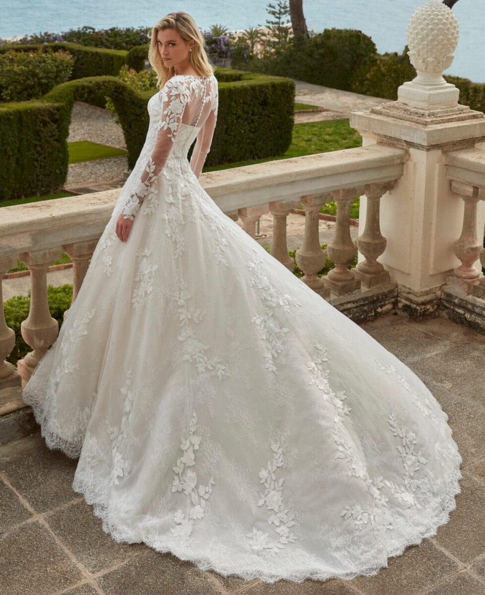 Evies-dos-Pronovias-robe-de-mariee-princesse-tulle-dentelle-bustier-droit-bolero-dentelle-manches-longues-boutique-de-robes-de-mariee-Paris