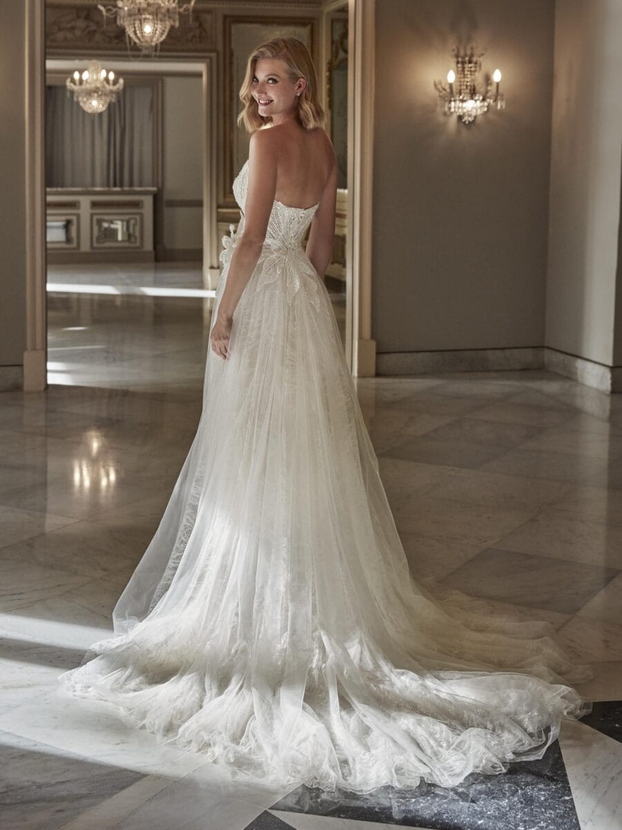 FENELIA-Pronovias-dos-robe-de-mariee-A-line-trapeze-tulle-dentelle-bustier-coeur-bustier-pointu-jupe-fendue-boutique-de-robes-de-mariee-Paris-Annecy